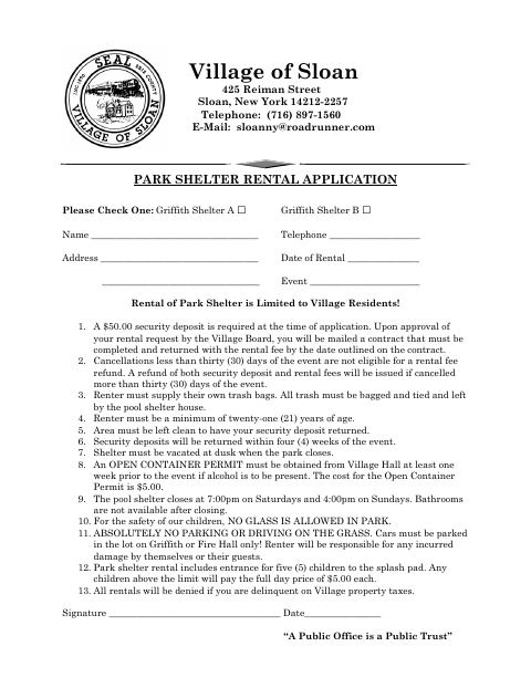 First page of the Park Shelter Rental Application