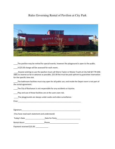First page of the Rules Governing Rental of Pavilion at City Park