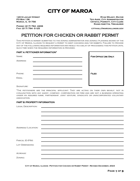 First page of the Petition for Chicken or Rabbit Permit