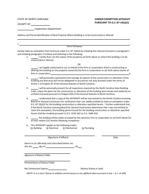 First page of the Owner Exemption Affidavit for Trades