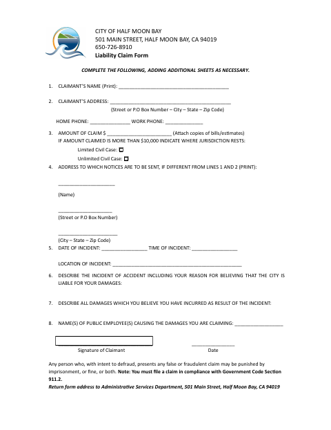 First page of the Liability Claim Form