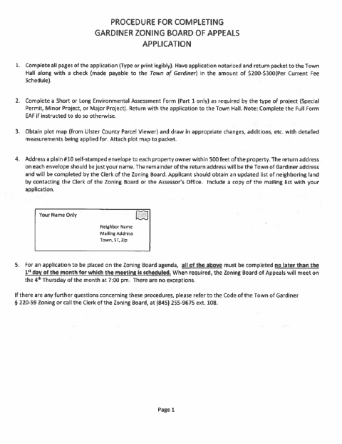 First page of the Zoning Board of Appeals Variance Application