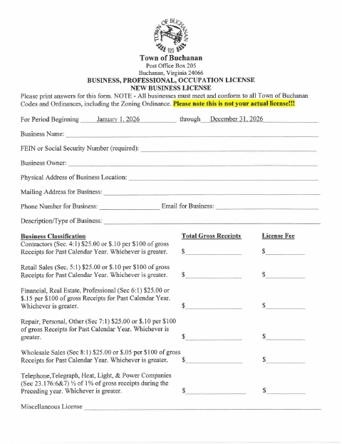 First page of the New Business License Application