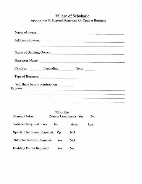 First page of the Application to Expand, Renovate or Open a Business