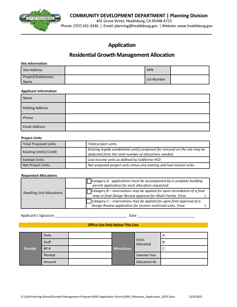 First page of the Growth Management Allocation Application Form