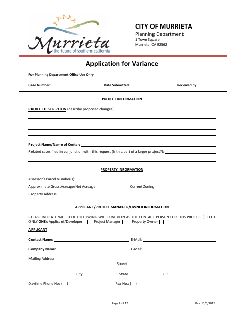 First page of the Application for Variance