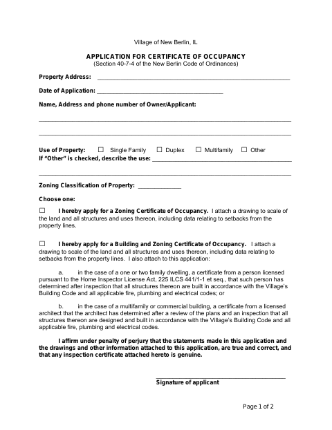 First page of the Application for Certificate of Occupancy