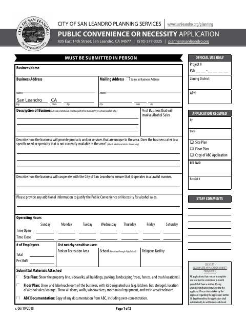 First page of the Public Convenience or Necessity Application