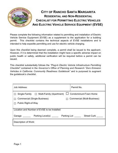 First page of the Residential and Non-Residential Electric Vehicle Service Equipment Permitting Checklist