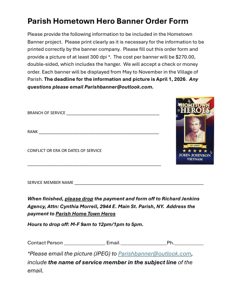 First page of the Hometown Hero Banner Order Form
