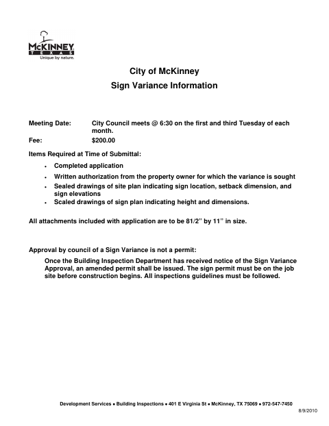 First page of the Sign Variance Application