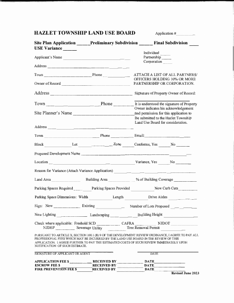 First page of the Land Use Board Application