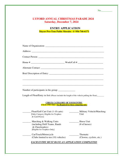 First page of the Annual Christmas Parade Entry Application