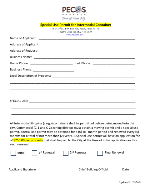 First page of the Special Use Permit for Intermodal Container