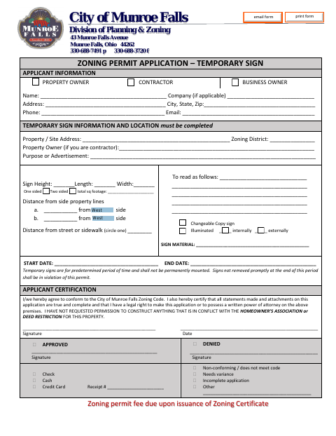First page of the Zoning Permit Application – Temporary Sign