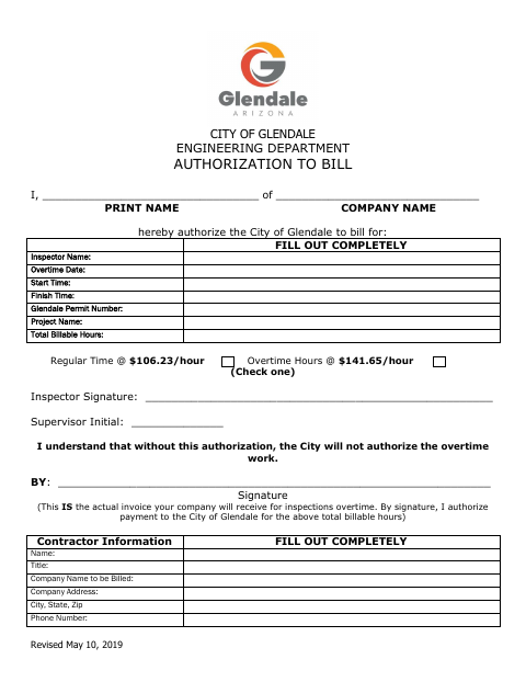 First page of the Engineering Authorization to Bill
