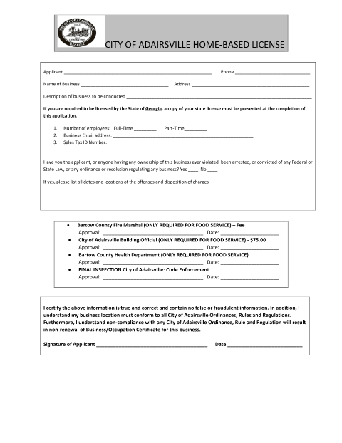 First page of the Home Based Business Application