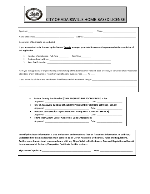 First page of the Home Based Business Application