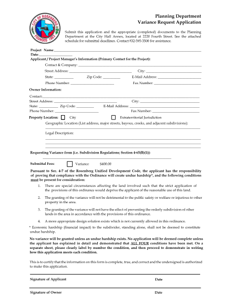 First page of the Variance Request Application