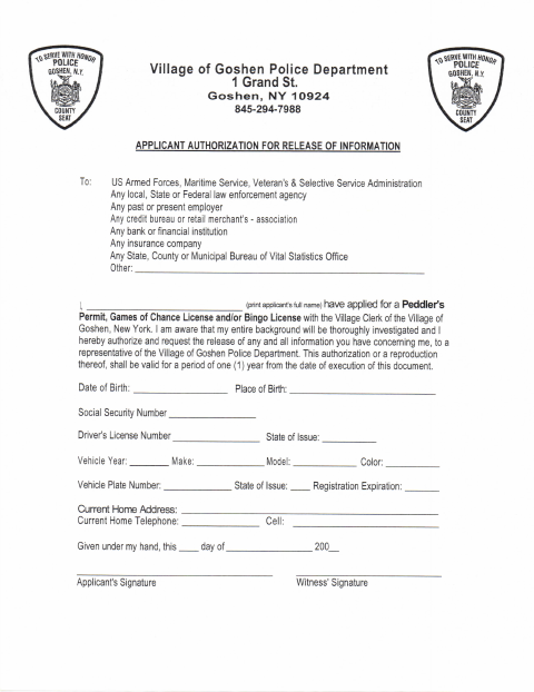 First page of the Peddler Permit Application Part 2