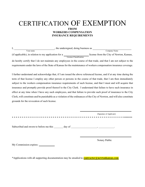 First page of the Certification of Exemption From Workers Compensation Insurance Requirements