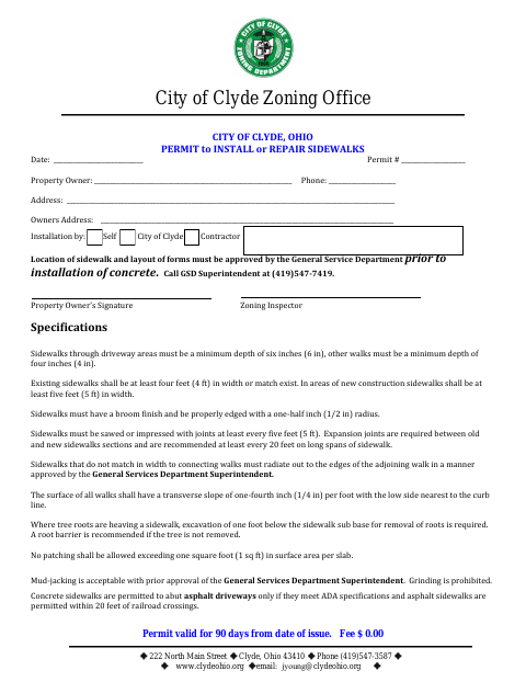 First page of the Permit to Install or Repair Sidewalks