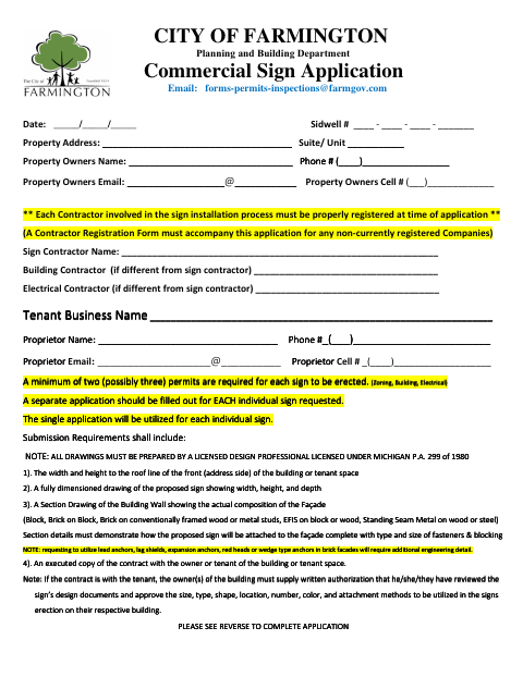 First page of the Commercial Sign Permit Application