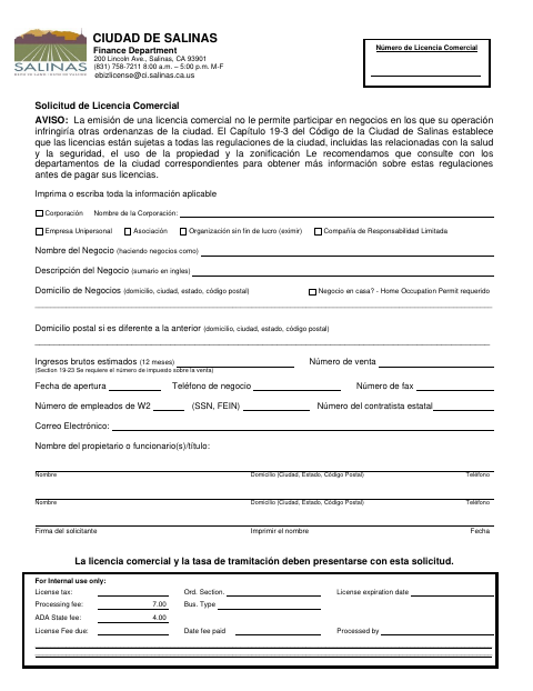 First page of the Business License Application (Spanish)