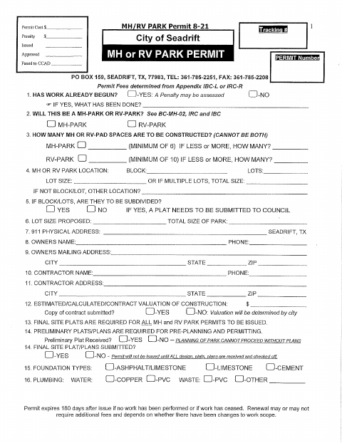 First page of the MH/RV Park Permit
