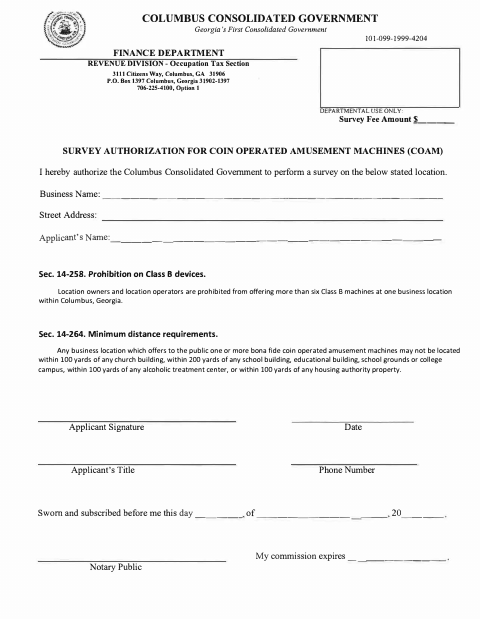 First page of the Coin-Operated Amusement Machine Survey Authorization