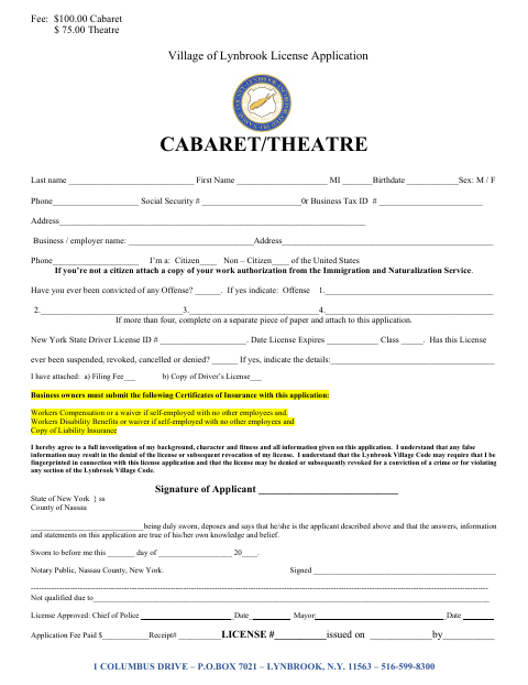First page of the Cabaret/Theatre License Application