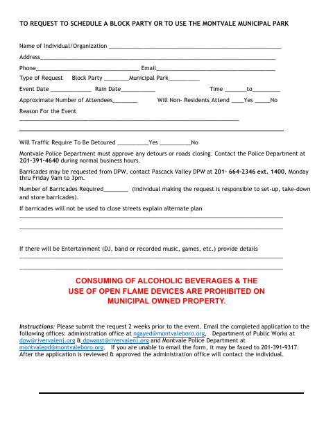 First page of the Block Party and Municipal Park Use Request