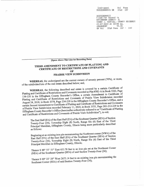 First page of the Prairie View Covenant Third Amendment
