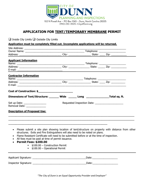 First page of the Application for Tent/Temporary Membrane Permit