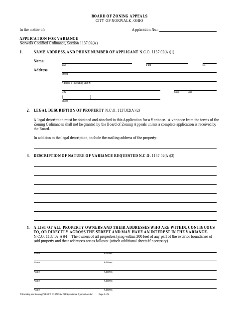 First page of the Variance Application