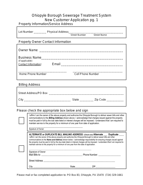 First page of the Sewerage Treatment System New Customer Application