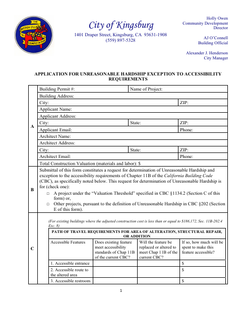 First page of the Application for Unreasonable Hardship Exception to Accessibility Requirements