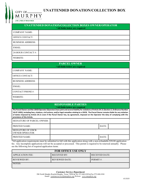 First page of the Unattended Donation/Collection Box Application
