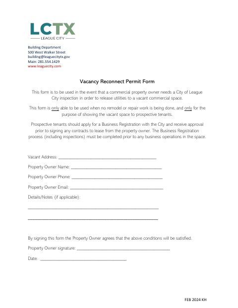 First page of the Vacancy Reconnect Permit Form