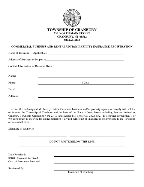 First page of the Commercial Business and Rental Unit(s) Liability Insurance Registration