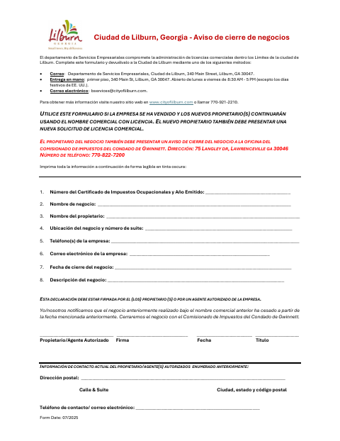 First page of the Business Closure Notice