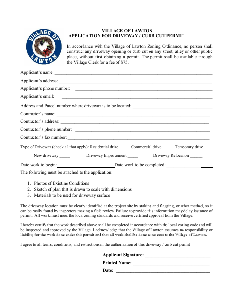First page of the Driveway / Curb Cut Permit Application