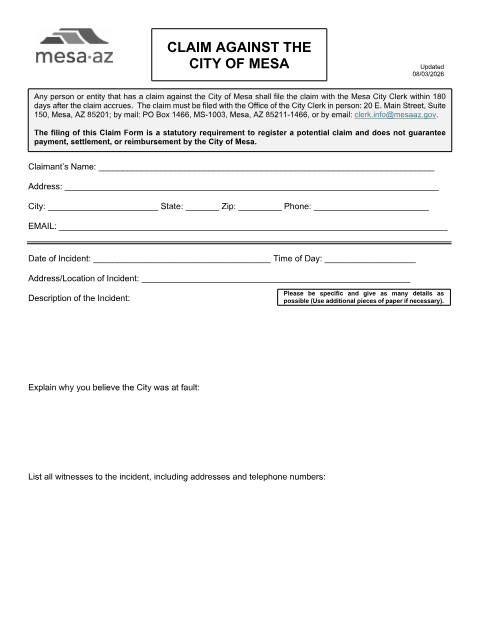 First page of the City Claim Form