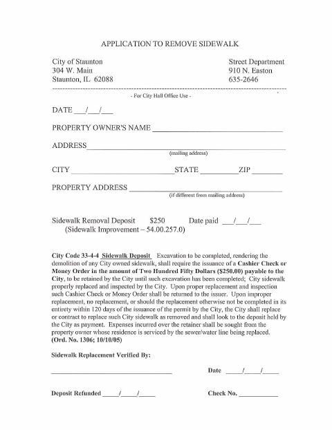 First page of the Application to Remove Sidewalk