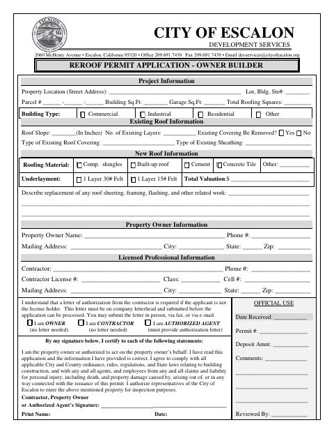 First page of the Reroof Permit Application – Owner Builder
