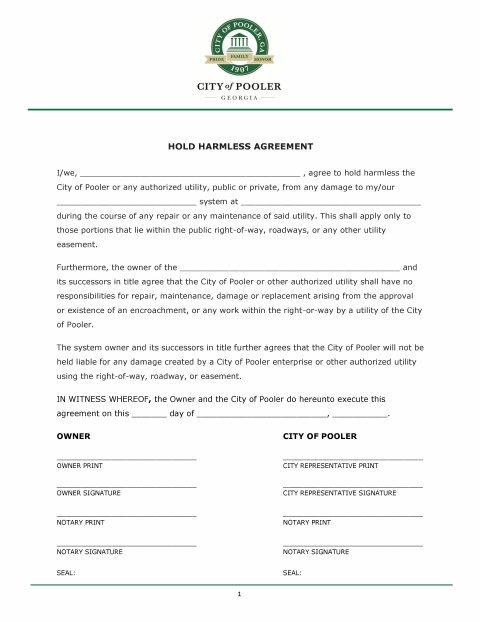 First page of the Hold Harmless Agreement