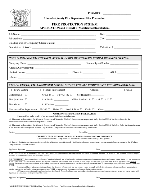 First page of the Fire Protection System Application and Permit
