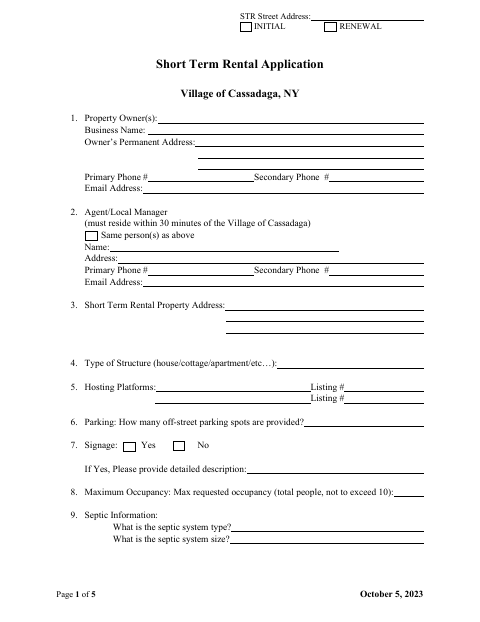 First page of the Short Term Rental Application
