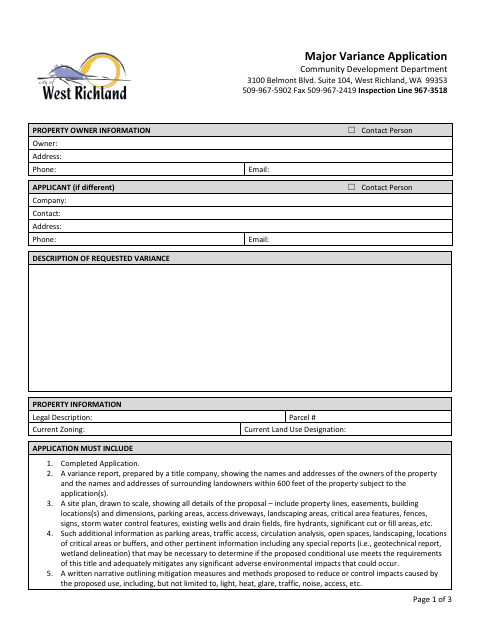 First page of the Major Variance Application