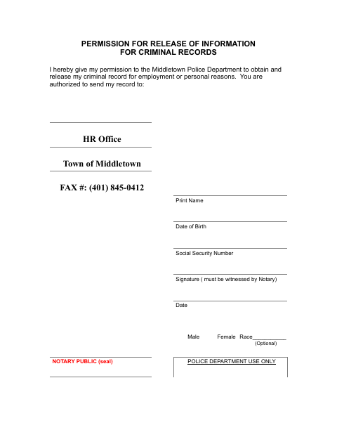 First page of the Permission for Release of Information for Criminal Records